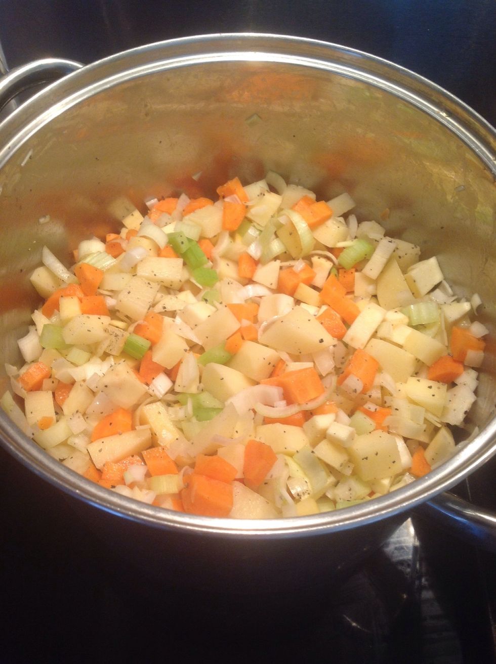 Once the butter has melted, put all the vegetables into the saucepan, stir around to coat them with the melted butter. Add a pinch of salt and pepper, and gentle fry them for 2-3 means to seal them.