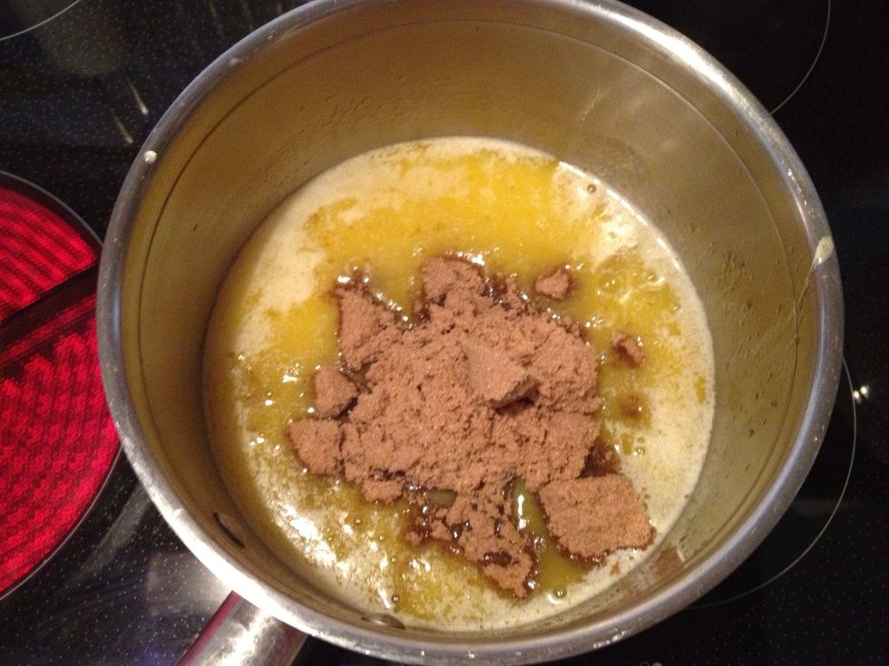 Once the butter is melted, take the pan off the heat and add the brown sugar and stir to combine. It won't completely combine but get it to combine as much as you can.