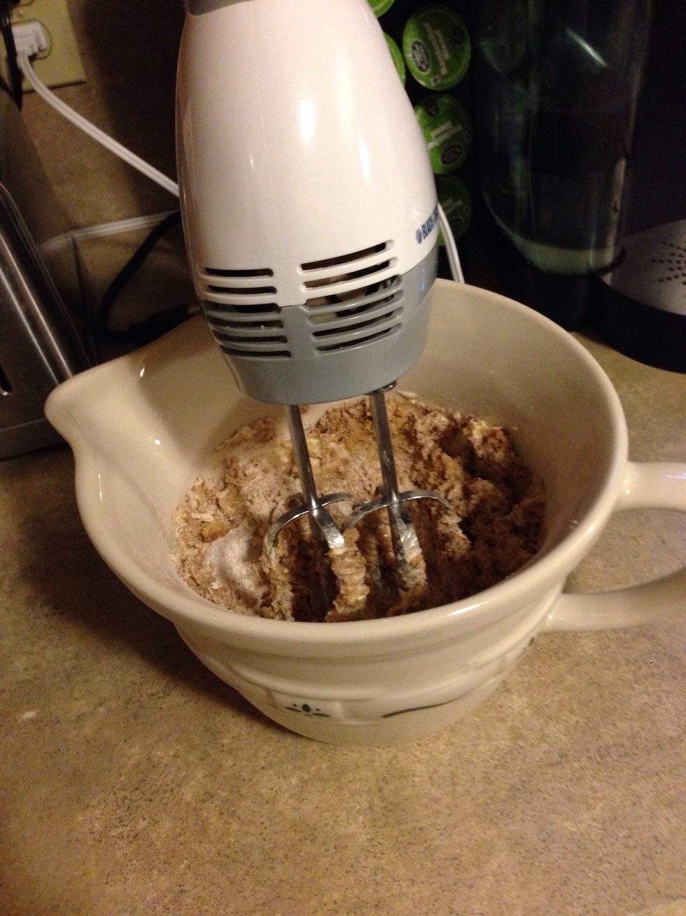 Once the butter is softened your going to get your second bowl and in it put 1 cup of flour, 1 cup of brown sugar, your softened butter, 3 tsp. of cinnamon.and mix together