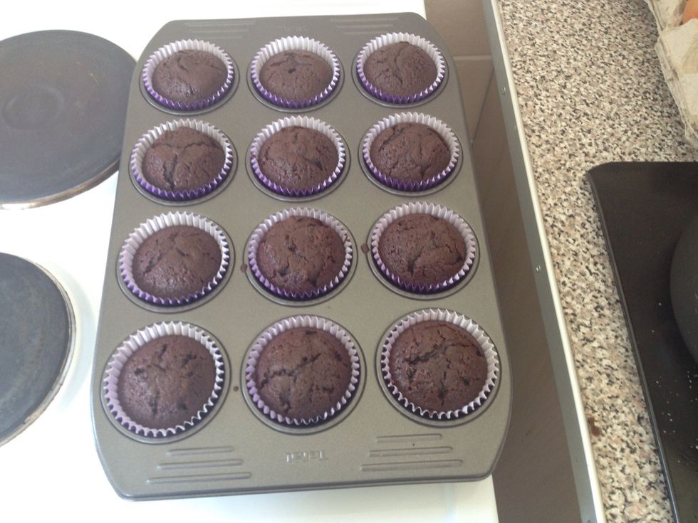 Once the cakes are out of the oven let them cool in the tray for 10 min, transferring them to a cooling rack after.