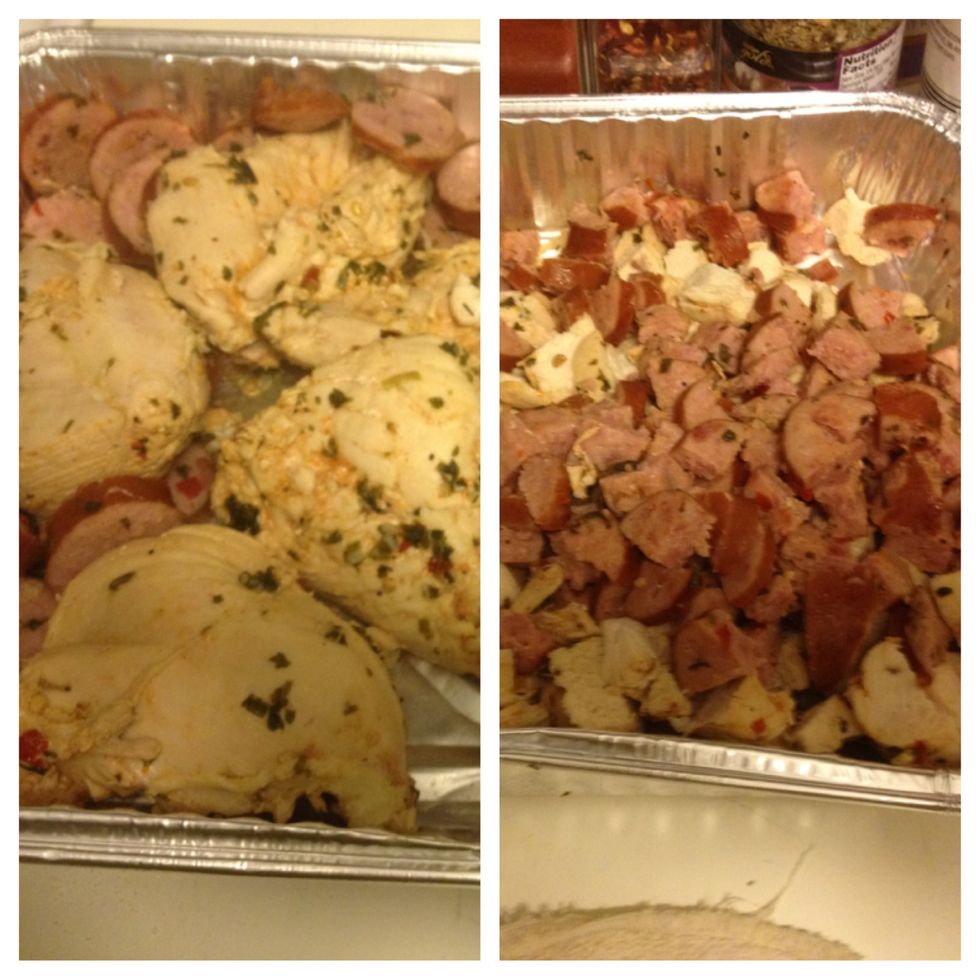 Once the chicken and sausage is done, chop the chicken in cubes and cut the sausage into fours.  FYI: I had more sausage but me and my daughter had some fun eating it \ud83d\ude0a