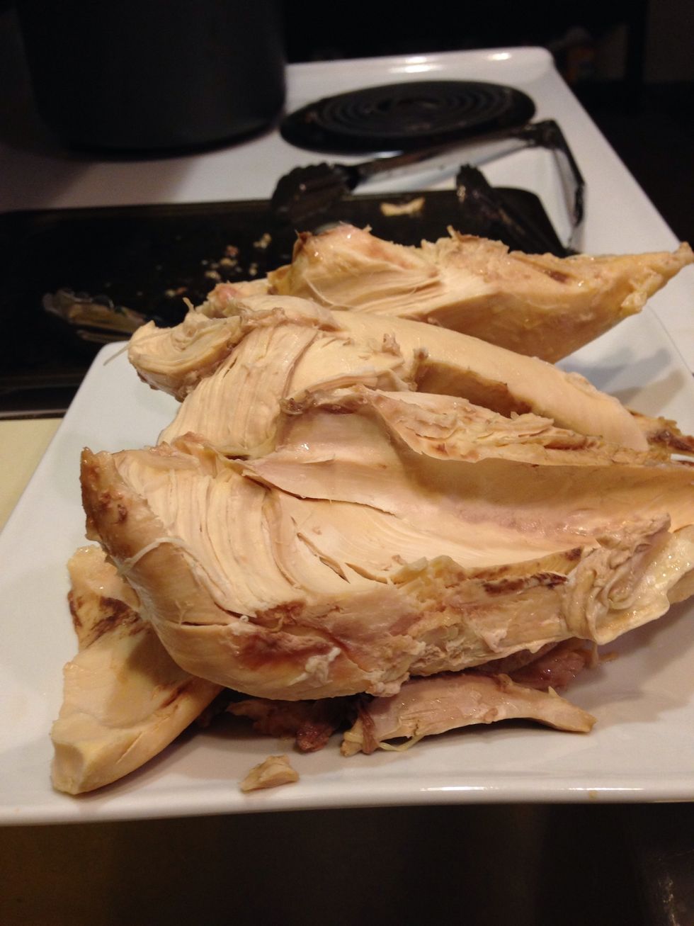 Once the chicken is cooked pull it out of the stock pot and let cool. De bone and remove the skin. Make sure to remove the vegetables from the pot and discard. The vestibules are to soft for me.