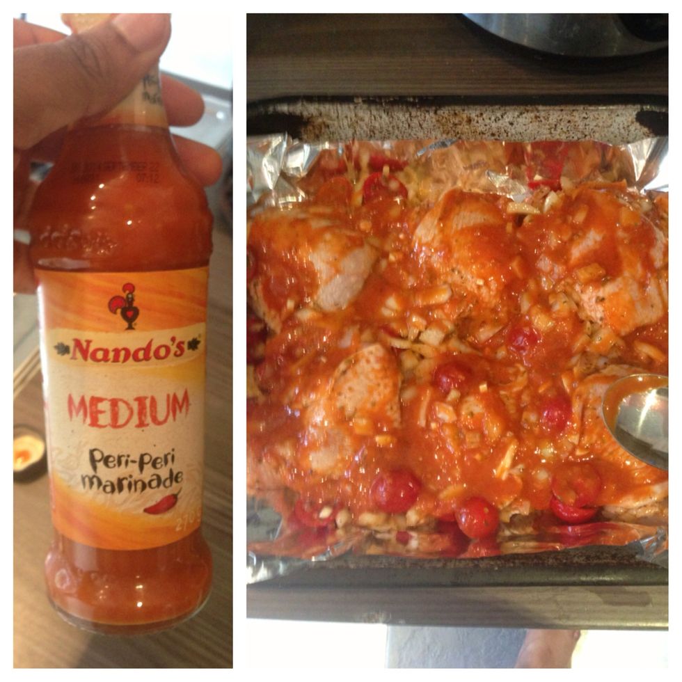 Once the chicken is in the tray smother them in as much nandos sauce as u like I used about 4/5 tablespoons, make sure all the thighs are covered \ud83d\ude0d\ud83d\ude0d put in the oven for 30 mins x