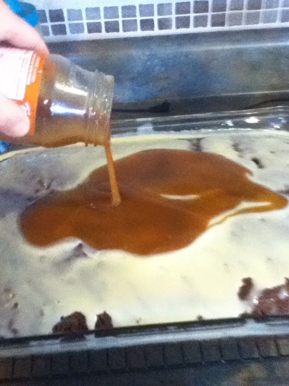 Once the condensed milk has soaked in a little add the caramel also.
