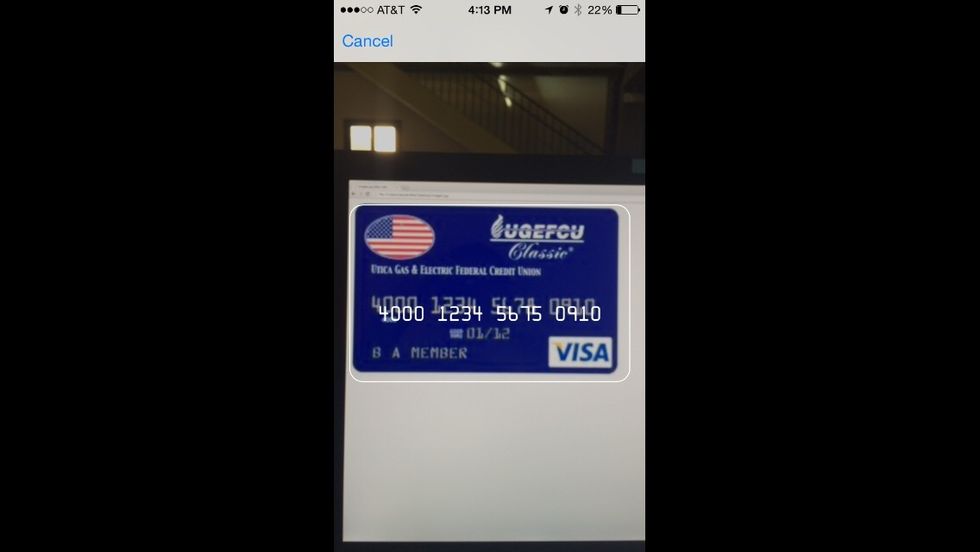 Once the credit card image is aligned and in focus the numbers will be automatically recognized. They will temporarily appear on screen before you are exited back out to the website you were visiting.