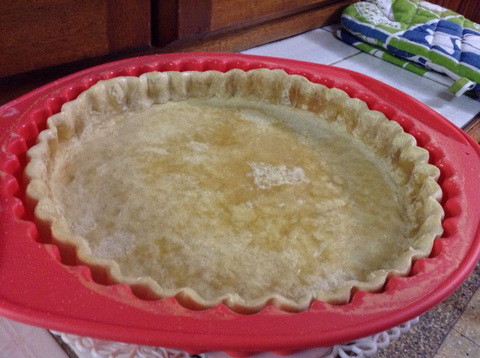 Once the crust is done, take it out of the oven but don't turn it off.