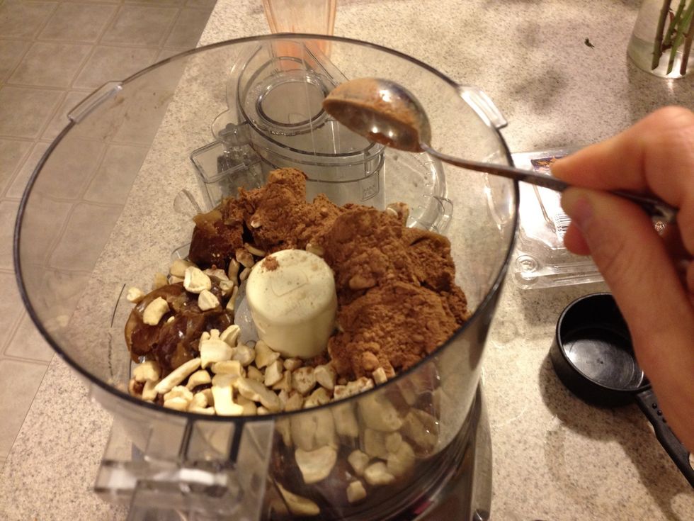 Once the dates are soft - take out the pits and throw them away. Put the dates in the food processor. Then add the rest of the ingredients.