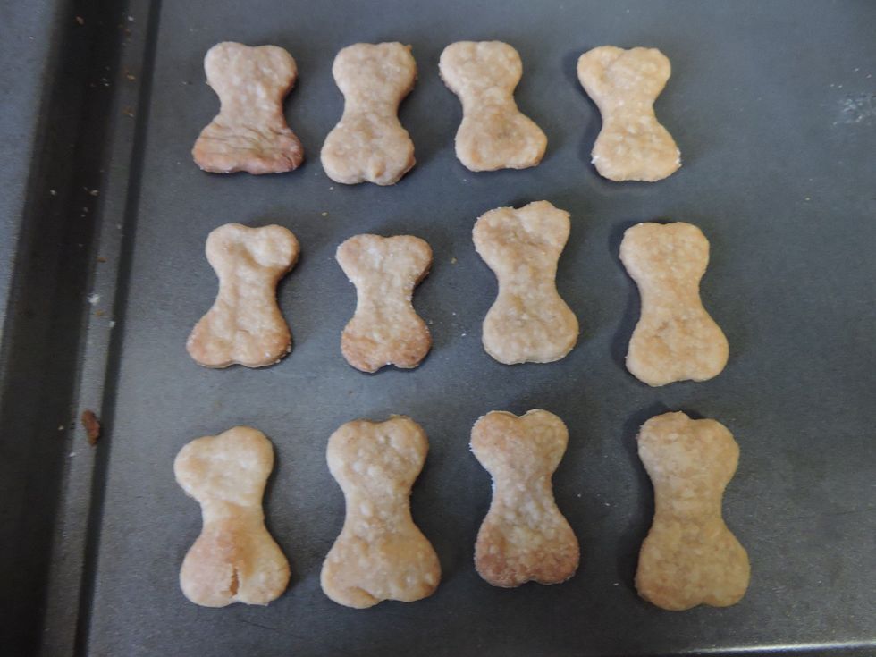 Once the dog treats have become golden brown, you will take the dog treats out of the oven and let them cool.