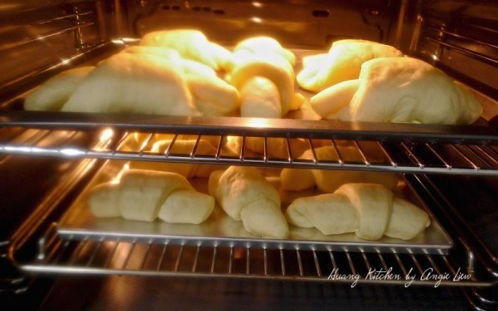 Once the dough has doubled in size, bake in the preheated oven for 10 to 15 minutes until tops are golden brown.