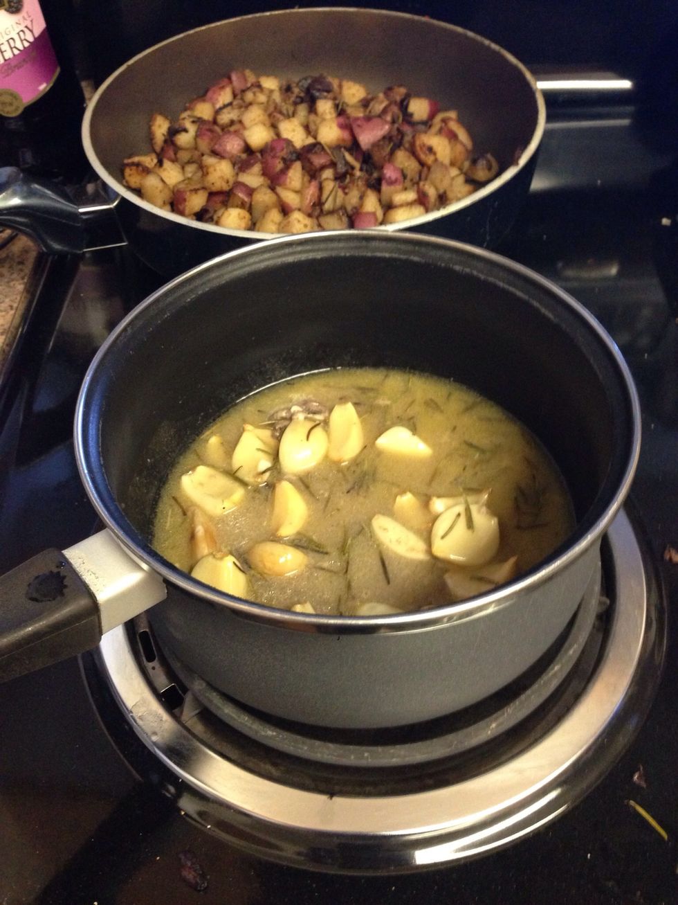 Once the hens are finished cooking, drain any juices in the pan and wrap them in aluminum foil for 5 minutes. Put all juices in a pan on med-high heat.