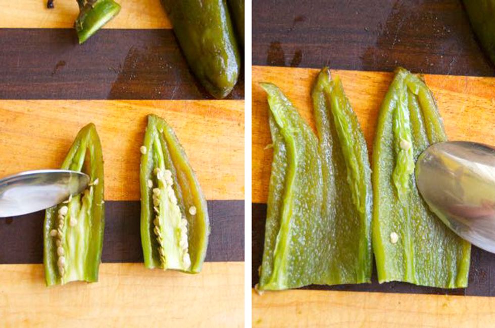 Once the jalape\u00f1os are cooled down, gently peel away the charred skin under cold water from a faucet. Cut them in half and deseed. If you like spicy, skip this step and put them in the food processor.