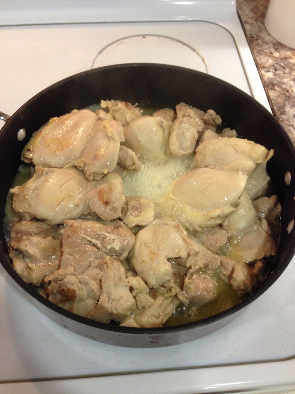 Once the juices begins to simmer/boil and most of the red color goes away get a cutting board and small bowl ready