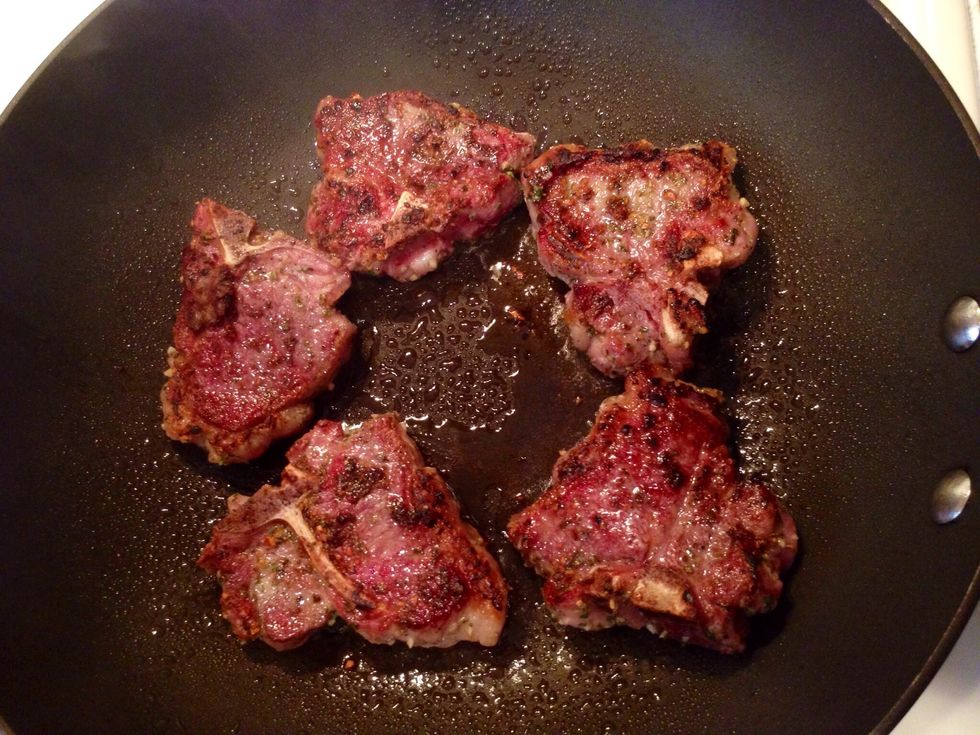 Once the lamb is cooked to your liking, take it out of the pan and cool. Add red wine and water and simmer until the sauce is thickened about 3-4 minutes. Season with salt and pepper.