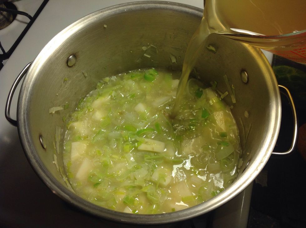 Once the leeks are tender add the broth, potatoes and milk (optional) Then simmer for 20 minutes or until the potatoes are cooked.
