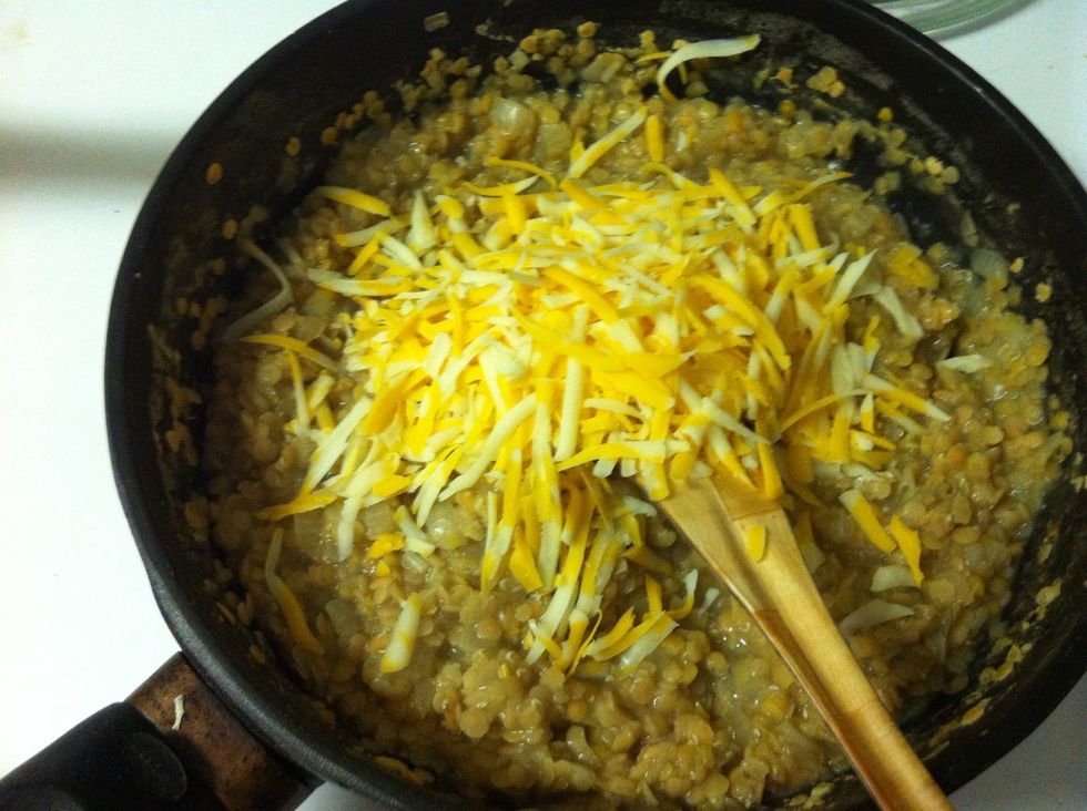 Once the lentil mixture is thick enough, put in 2/3 of your cheese, salt and pepper and stir it up. I used marble and it got all stringy and gooey and lovely. At this stage I admittedly got excited.