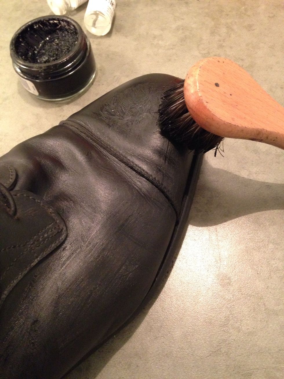 Once the Lexol dries, get some of the Meltonian on a brush or cloth and put a thin layer over the OUTSIDE of your boot (the side away from the horse). If it's on the inside, it will rub onto the horse