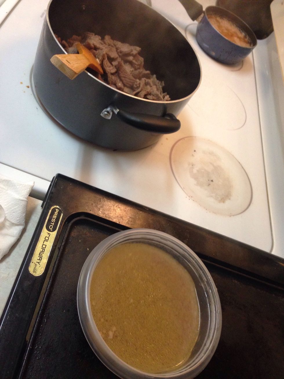 Once the meat is med rare take out all the juice and reserve it. You will be using that later.