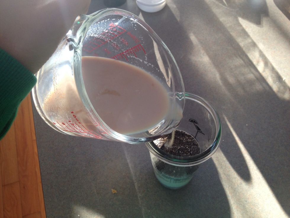 Once the milk is about room temperature, pour onto the chia seeds. Seal well, and shake it up like crazy! Put in fridge. After about 30 min, shake well again until well disbursed. Let sit overnight.