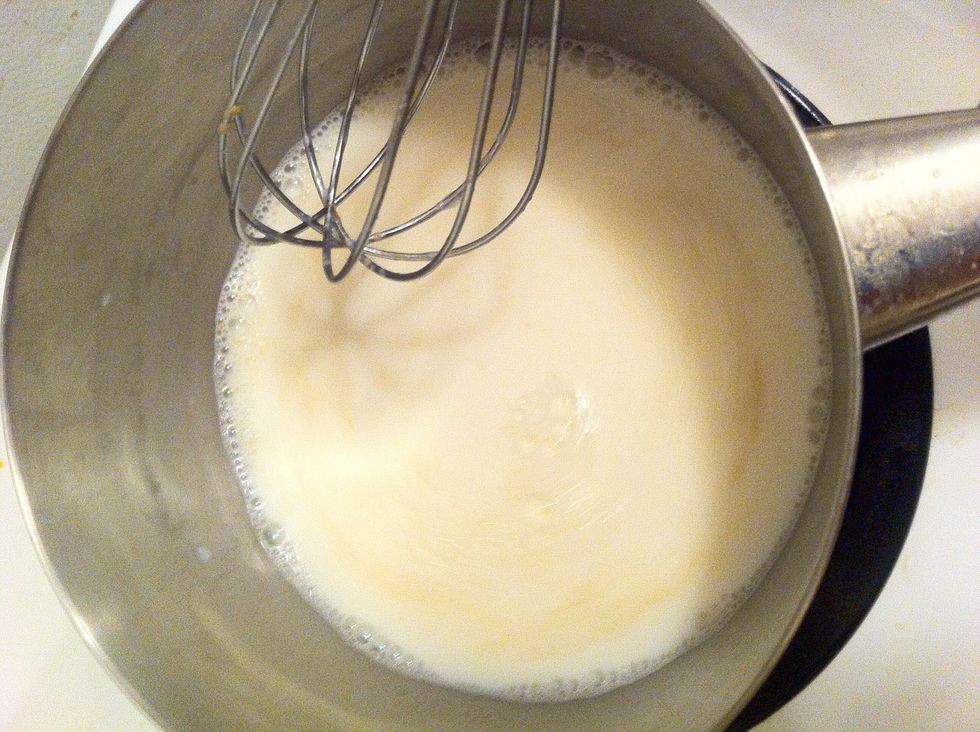 Once the milk is warm and the peanut butter starts to melt it should look something like this. Keep stirring until the milk and peanut butter blends to one colour!