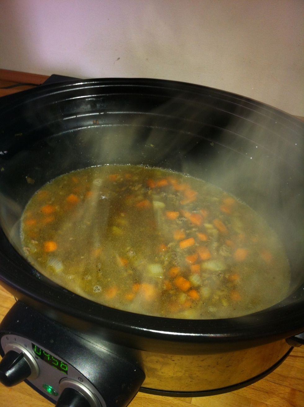 Once the mince is browned, put the veg back in the pot, add the garlic granules & stock. At this point I transfer to a slow cooker for a few hours, but you could leave to simmer on the hob for 30 mins