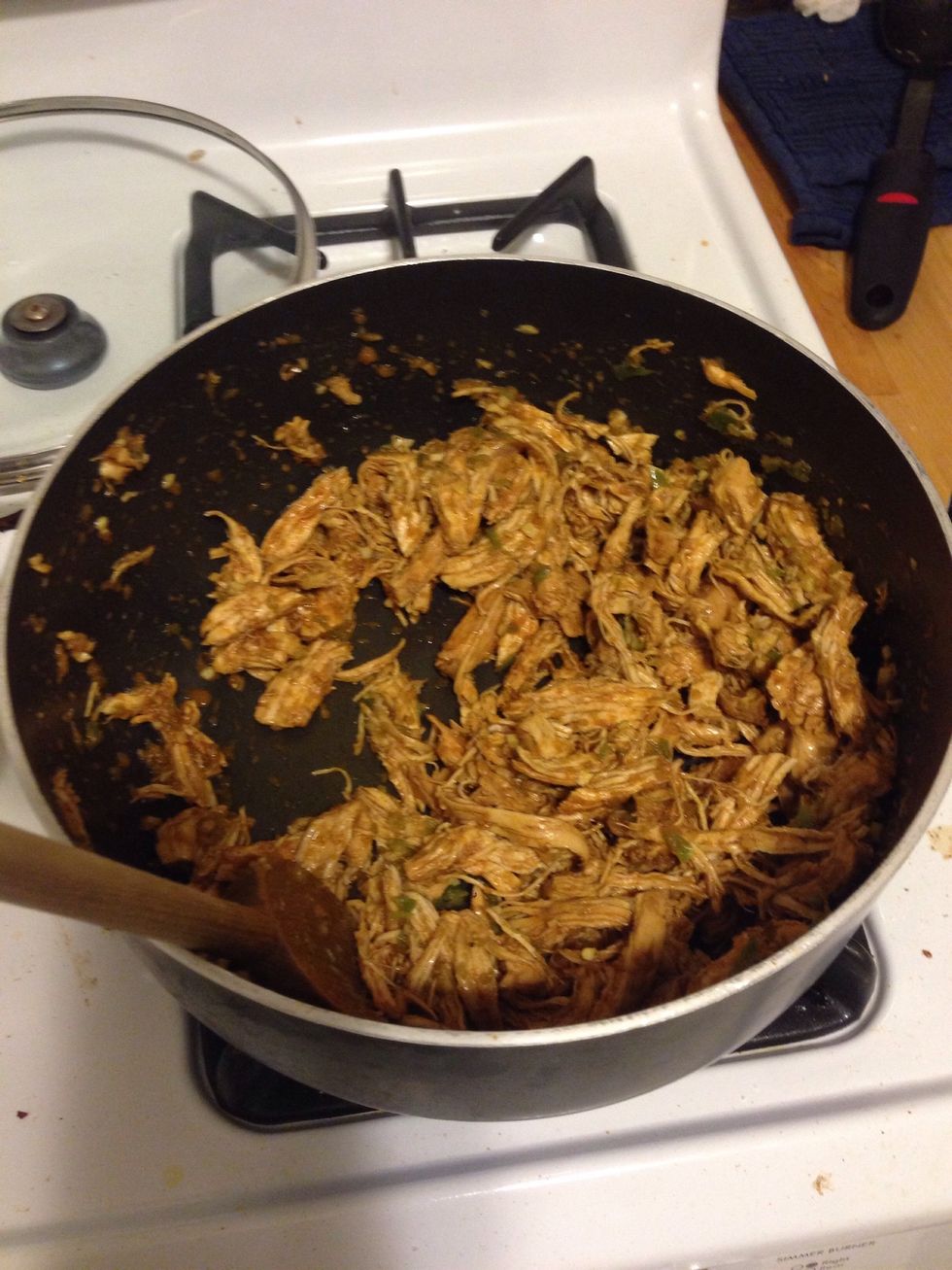 Once the mixture cooks for a little bit, add 3/4 of it to the chicken mixture and stir in well.