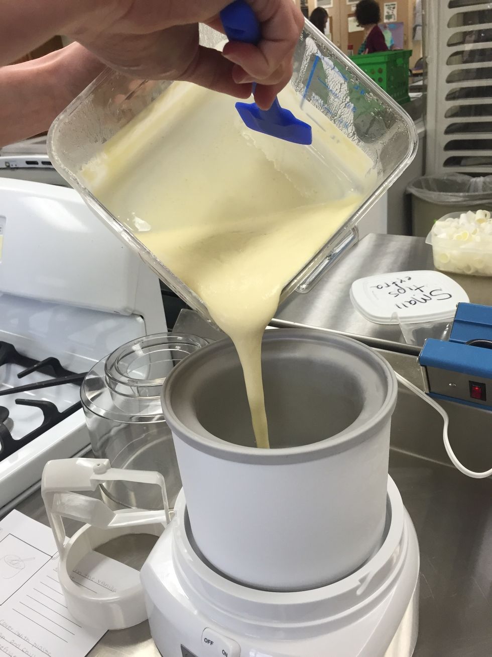 Once the mixture is chilled, pour into an ice cream maker and freeze, according to manufacturer's instruction. (Usually 20-25 minutes)