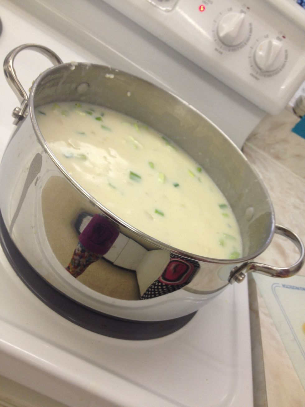 Once the mixture is thick and creamy, add in the potatoes and green onions.