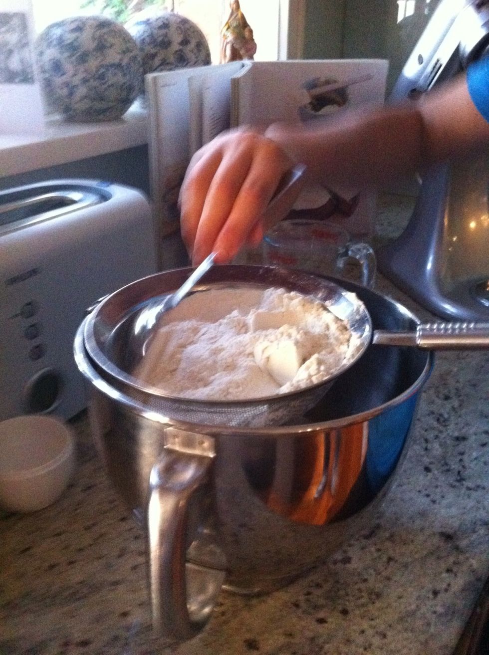 Once the mixture is thick and pale, stop the mixing and sift the flour into the mixture