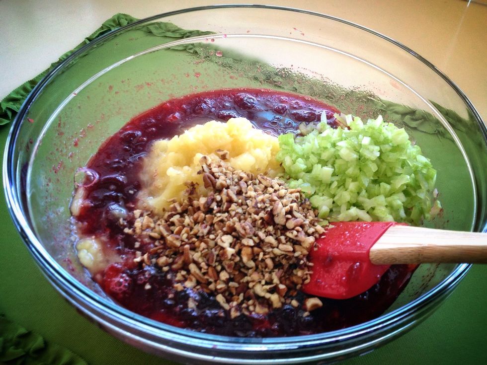 Once the mixtures starts congealing, add all the other ingredients.