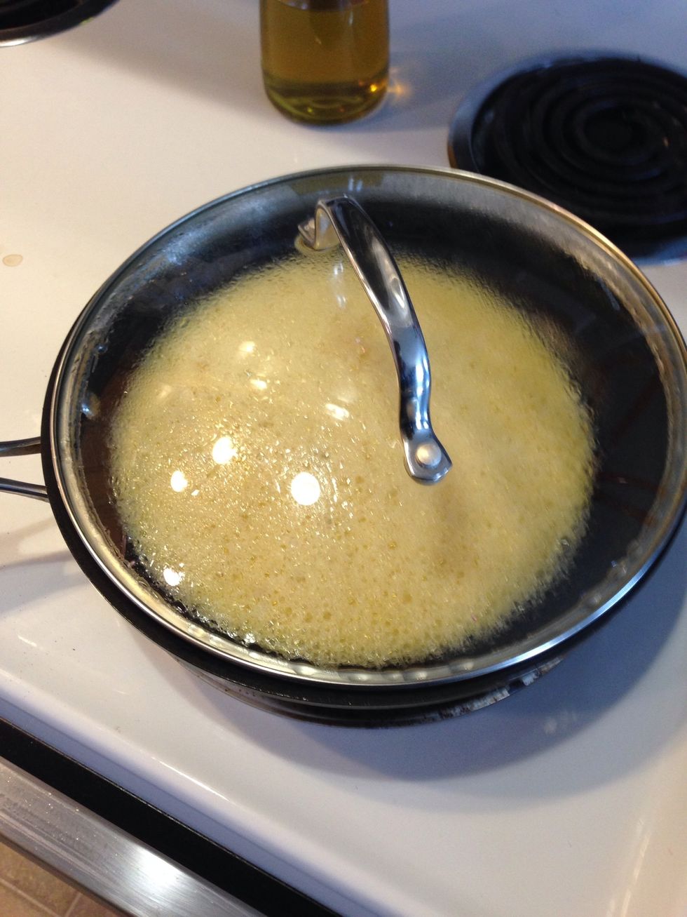 Once the mushrooms are done cooking put them in a bowl and let the pan cool down. Once the pan is cool put the butter in the pan and melt it. Make sure there is not to much butter.
