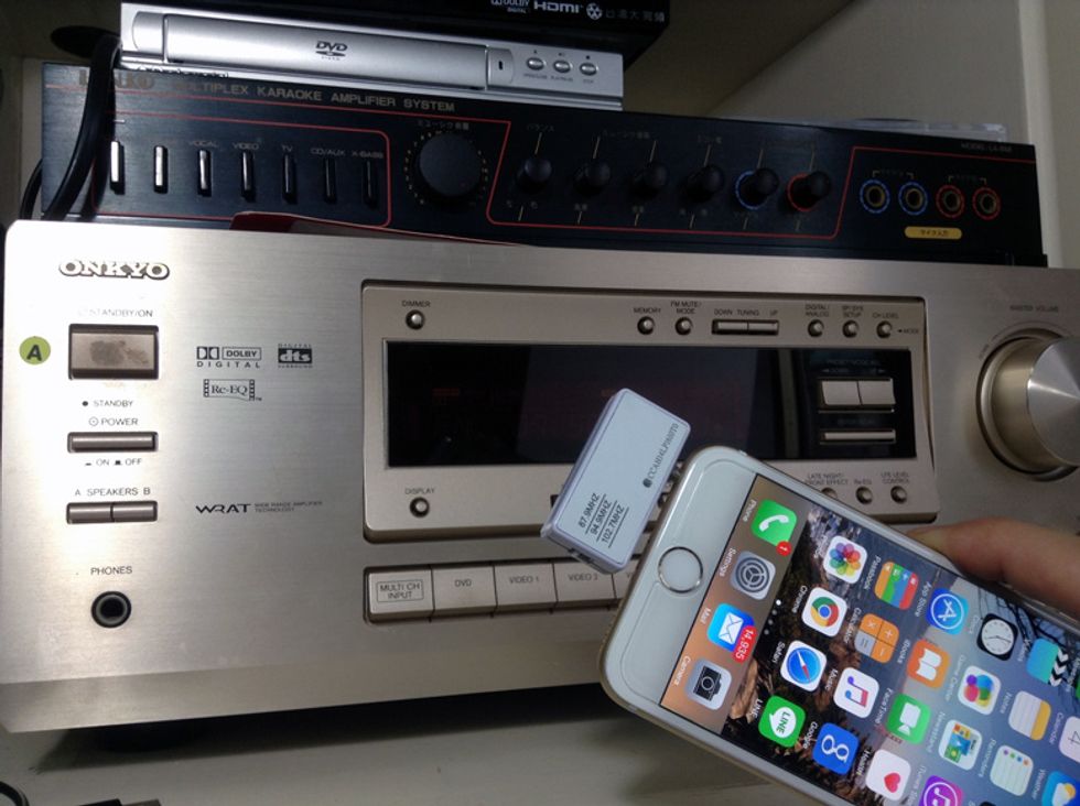 Once the Music Transmitter for iPhone is plug into the iPhone. Simply turn on the FM radio on the home stereo system.