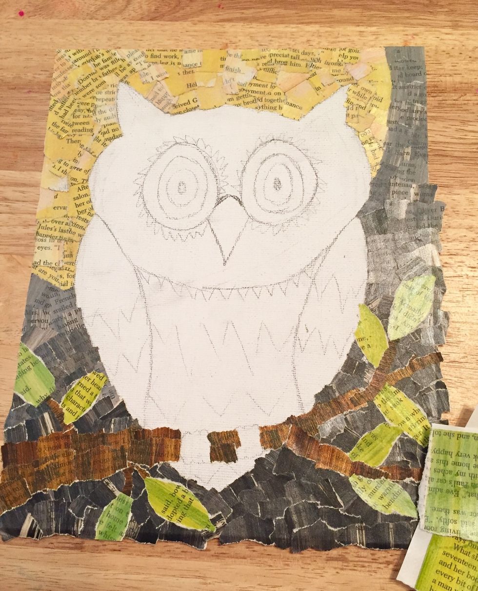 once the "night" background was finished, the branch and leaves were added. doing the background first makes it easier to define the areas of the main design and makes it stand out from the canvas.