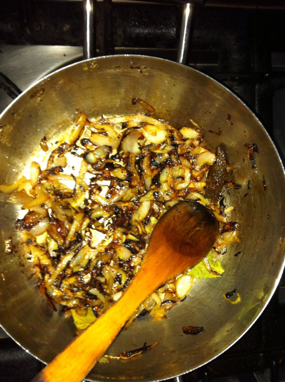 Once the onions are deep brown, add the garlic and ginger paste, make your own paste or use from a jar, both are fine