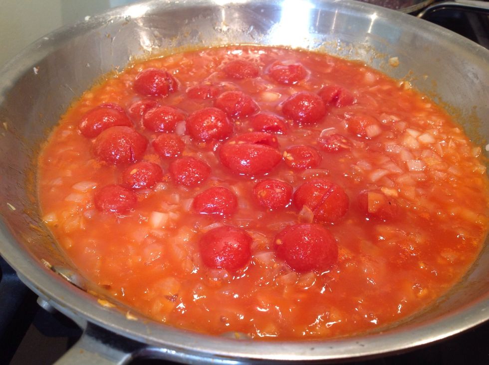 Once the onions are transparent add the cherry tomatoes and continue to cook down over medium-low heat. Season with salt and pepper and allow all the juices to evaporate or carmelize (5-10 minutes.)