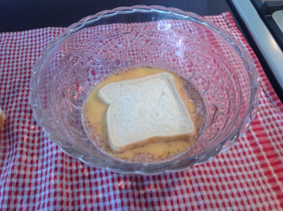 Once the pan is heat up, soak any type of bread in the mixture and fry. repeat this process another 2 times.