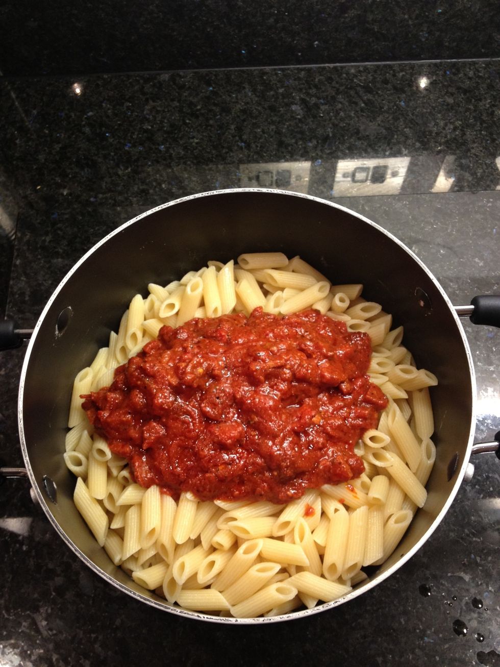 Once the pasta is cooked to perfection, simply drain and return to the pan, then just plonk the sauce on top.
