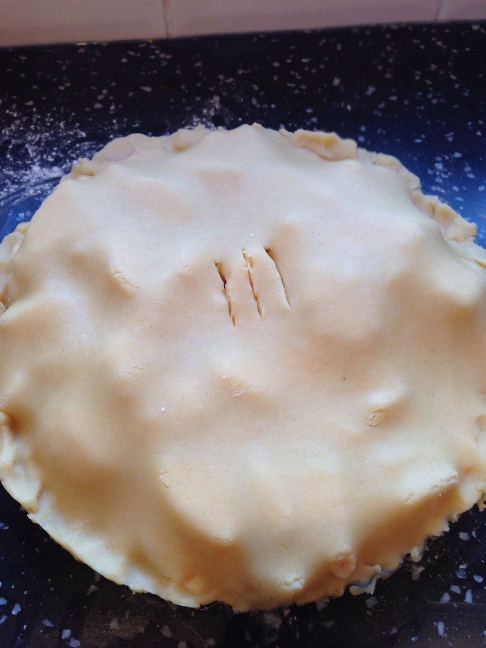 Once the pastry is chilled, cut off one third and put to one side. Till out the remainder for the base and sides if the pie. Fill with the apple mix then roll out the remaining pastry for the top.