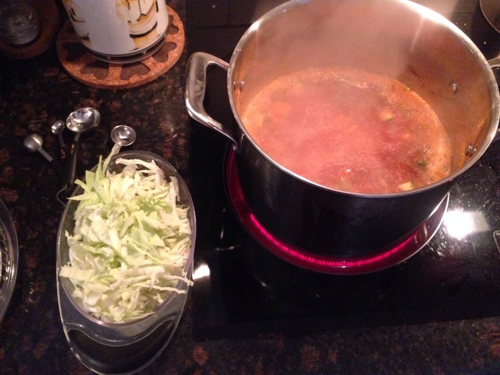 Once the soup is brought to a simmer, add the cabbage.