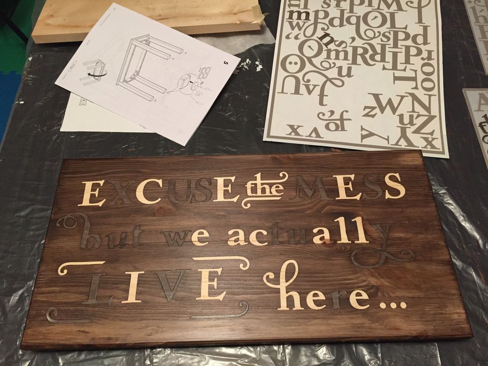 Once the stain is dry remove the vinyl letters.  \n\noptional:  For an aged look give it a quick wet-dry sanding using a 600grit.