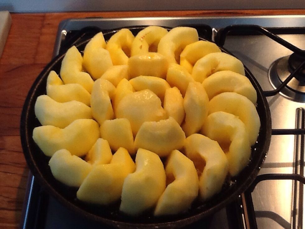 Once the sugar and butter starts to caramelise, add the apples. Place the apples end-on in circles around the pan. You need to make sure that the apples are tightly packed so they don't fall over.