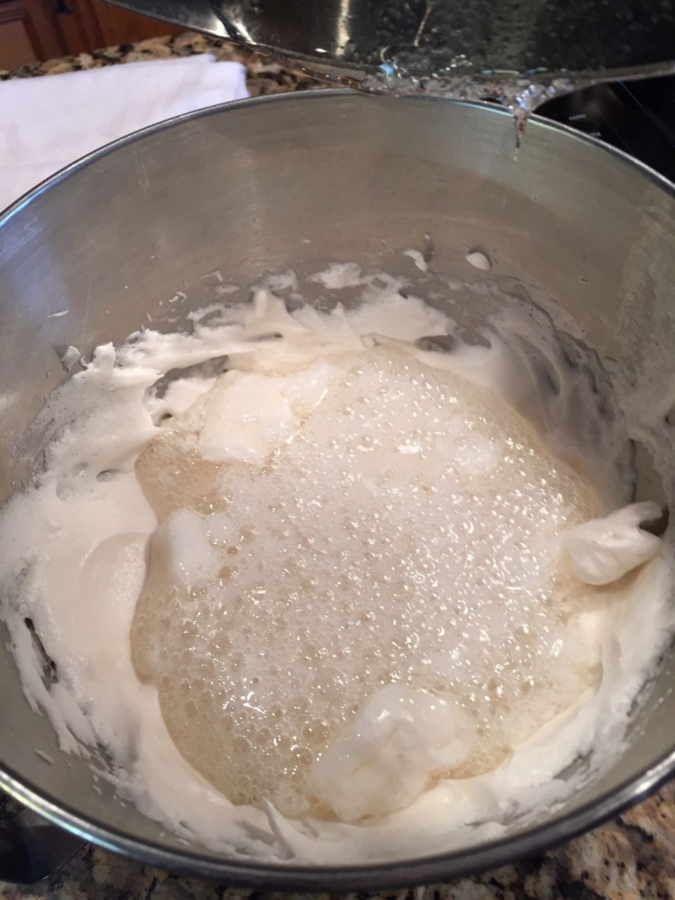 Once the syrup is close to 245\u00b0, gently add to the beaten egg whites