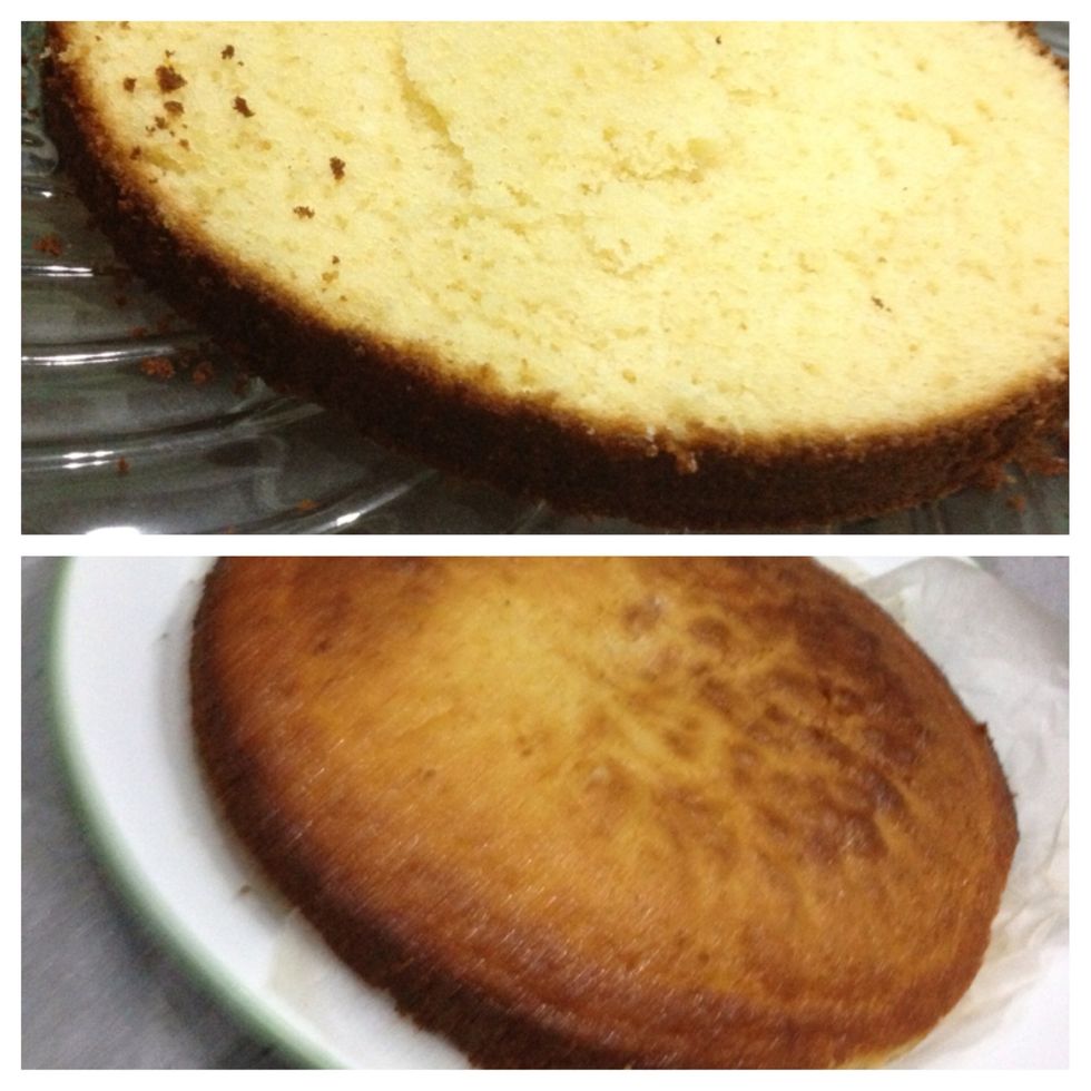 Once the time is done, slice the cake in half. I used a normal small knife. The knife shape or size isn't important, it just has to be super sharp. Then refrigerate for another 30 minutes.