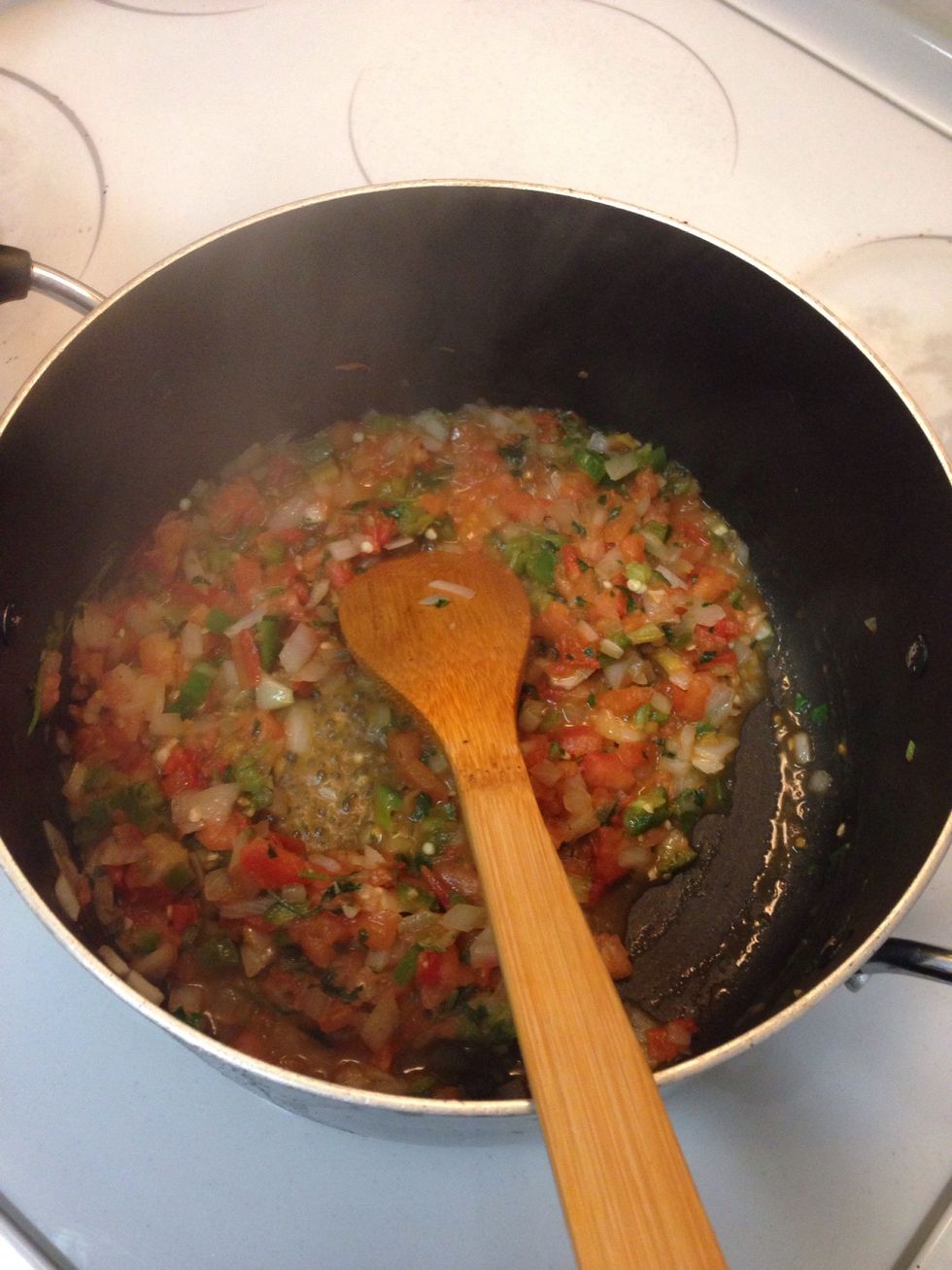 Once the tomatoes juice is starting to release smash it just a little so that you get more juice. Add a pinch of salt.