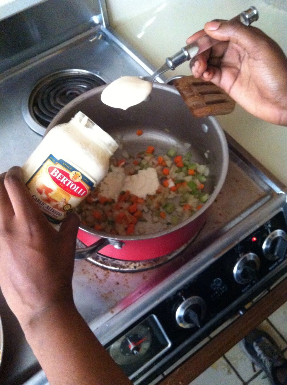 Once the vegetable are cook add 4 tablespoon of Bertolini Alfredo sauce(Parmesan cheese).