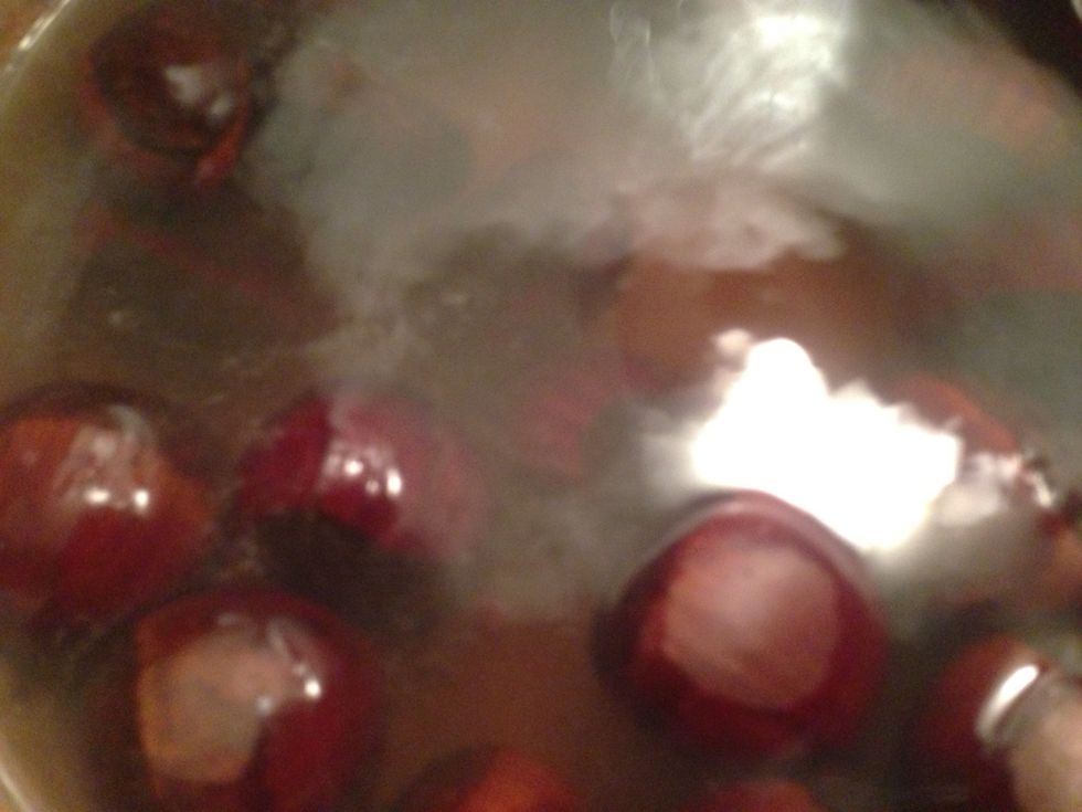 Once the water boils, carefully place the chestnuts into the water and cook at a low boil for 25 minutes. After 25 minutes, reduce heat, remove a few chestnuts at a time and rinse with cool water.
