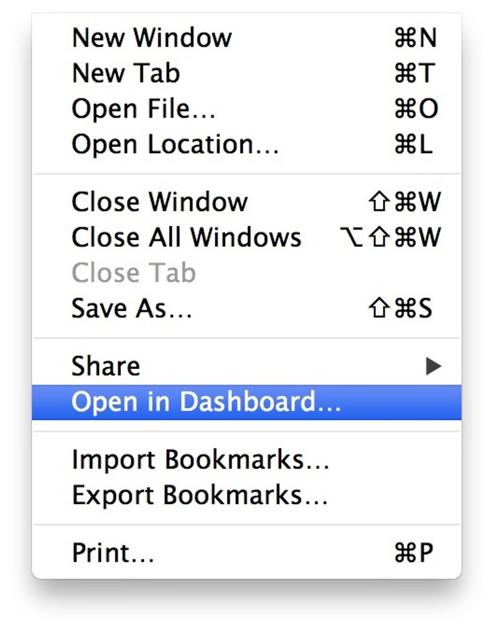 Once the website has loaded, right-click on the page, and select \u2018Open in Dashboard\u2026\u2019 from the menu that appears.