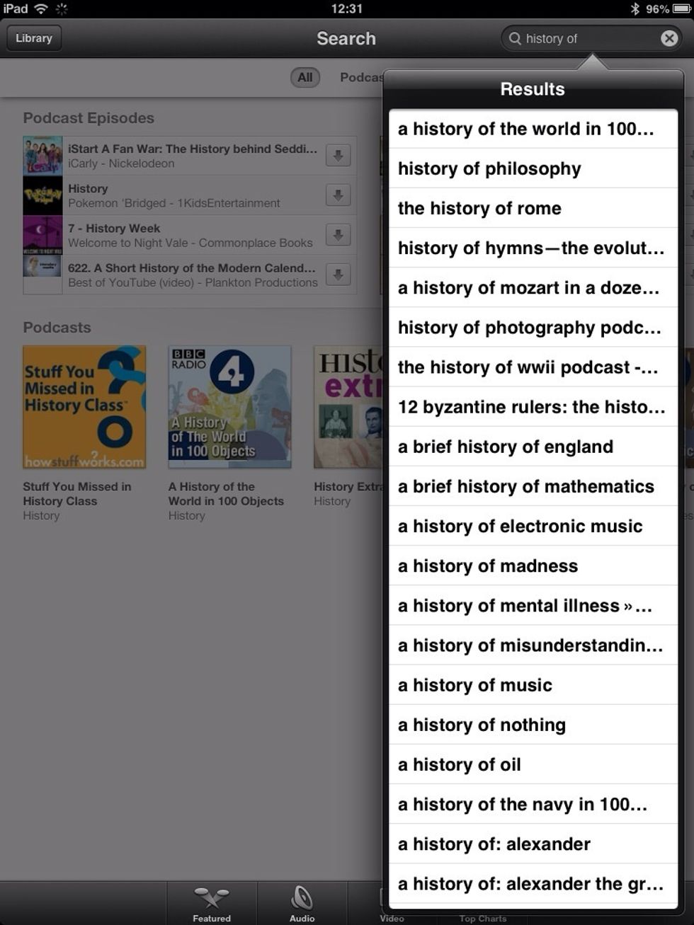 Once there, write whatever podcast you are looking for. As an example lets download a personal favorite: 12 Byzantine Rulers by Dan Brownsworth. Select it