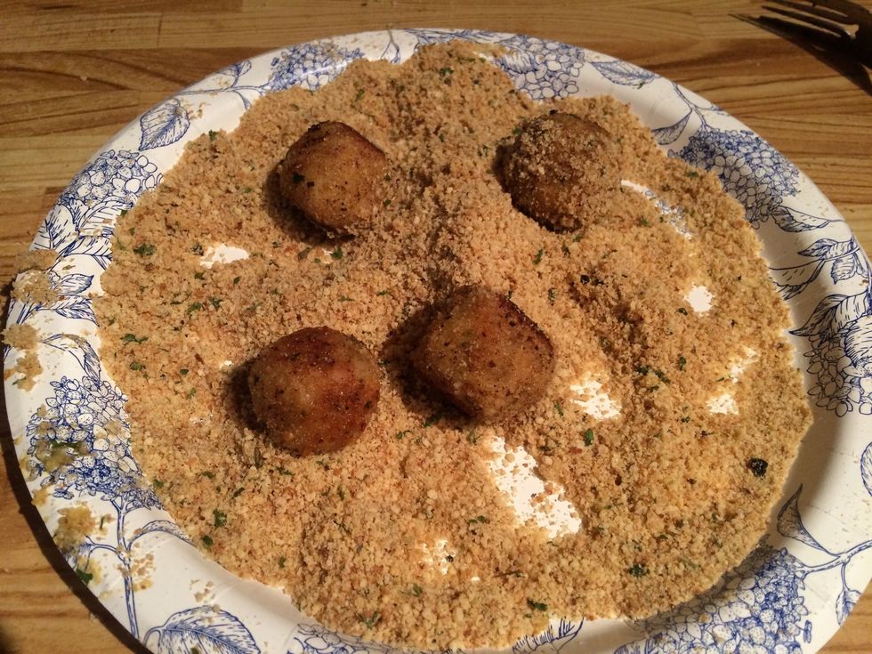Once they are done, I roll them in some more bread crumbs!