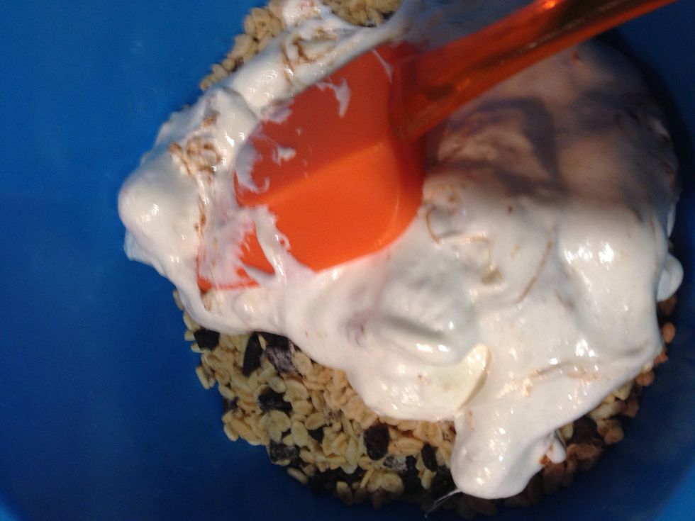 Once they melted, pour it over the Rice Krispie mixture. Stir until all combine.