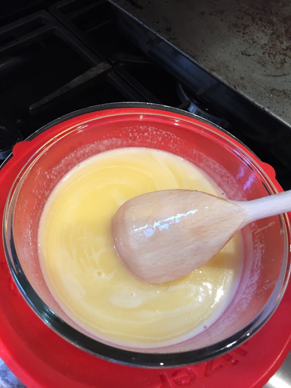 Once thickened the curd should coat the back of a wooden spoon